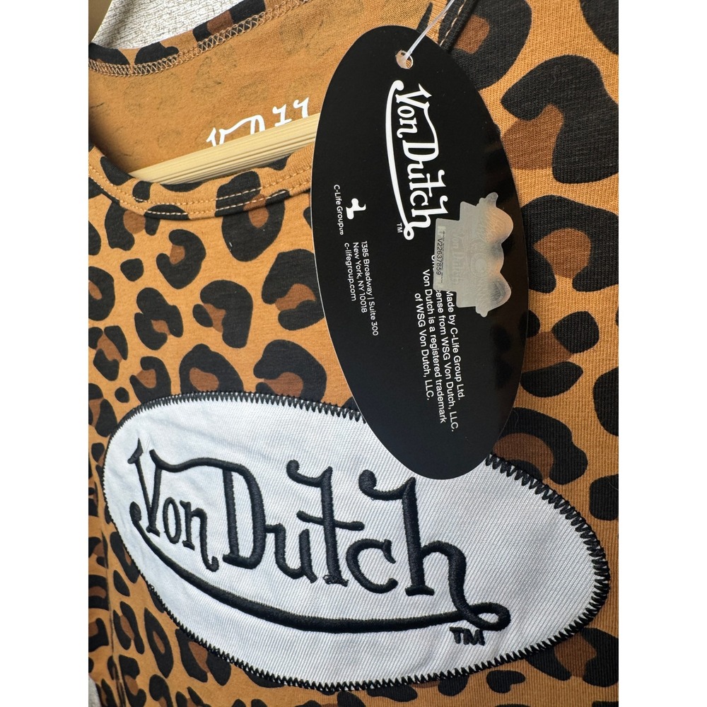 Von Dutch Leopard Print Long Sleeve Crop Top Y2K Logo Patch Womens M NWT - Picture 5 of 5